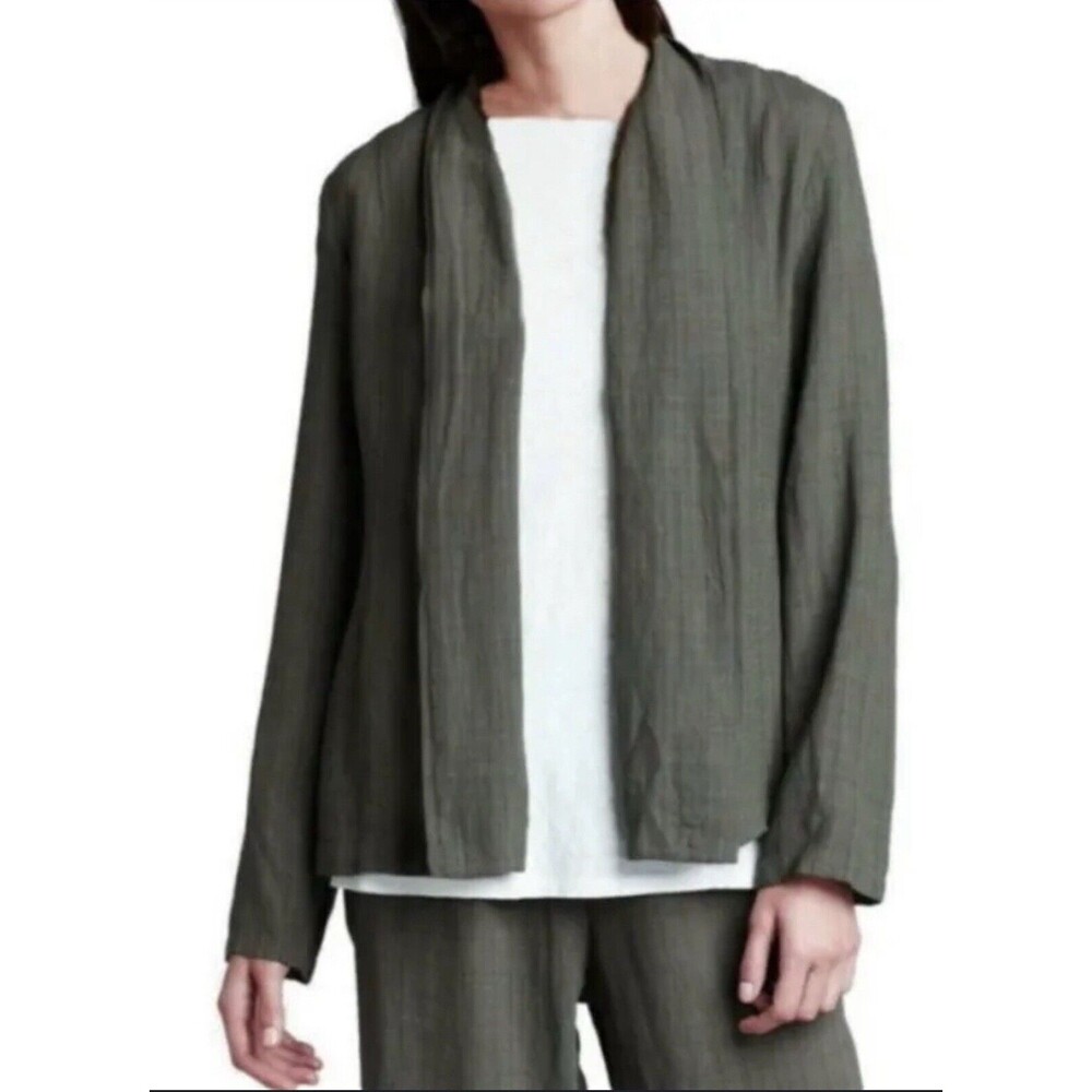 Eileen Fisher Orega Drape Front Basket Crepe Linen Blend‎ Jacket Size Large $278